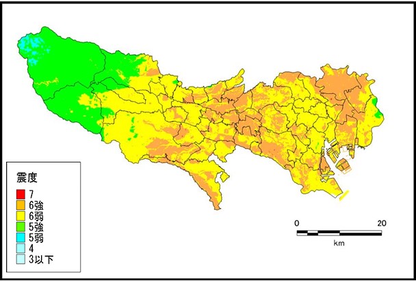 多摩東部直下地震の震度分布 