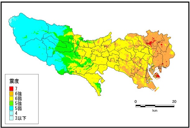 都心西部直下型地震の地震分布図