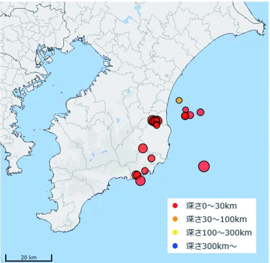 2018年6月の房総半島沖周辺の地震の震源分布